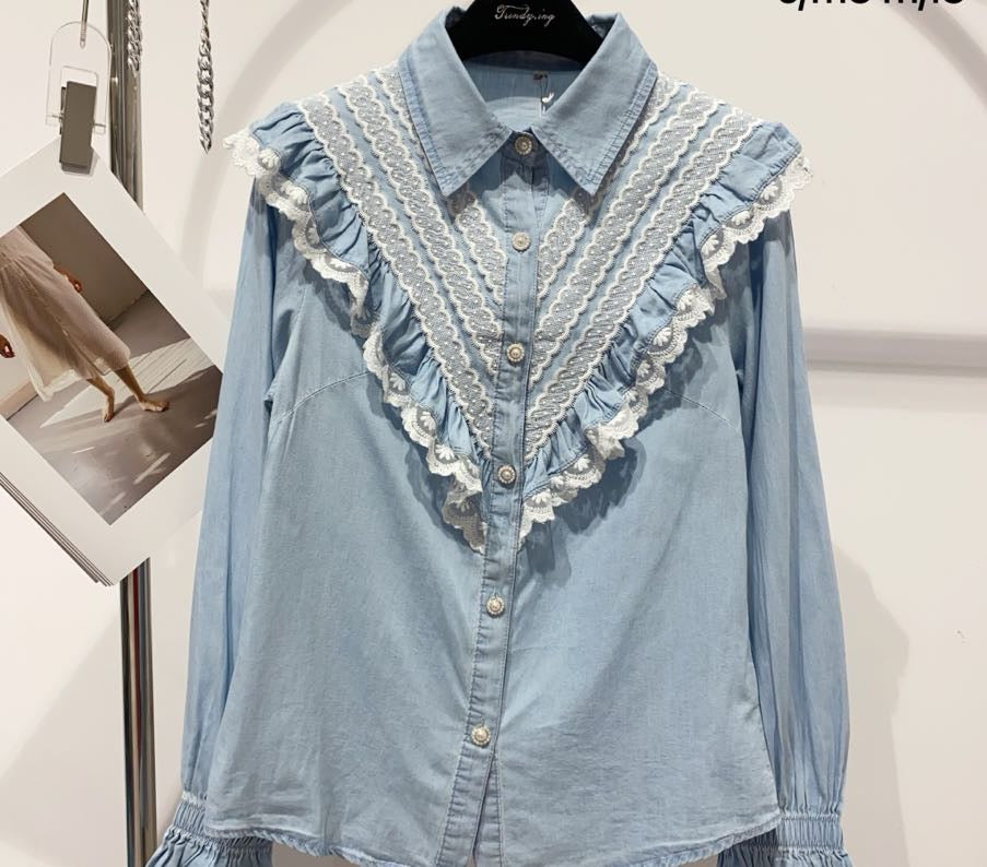Camicia jeans con pizzo bianco
