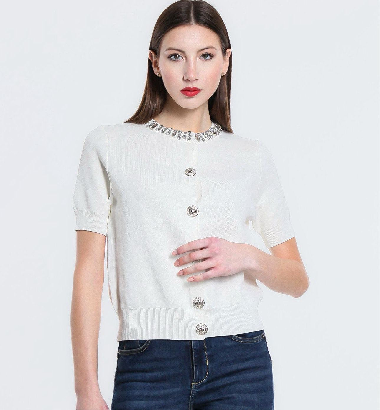 Maglione maniche corte con collo gioiello