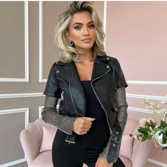 Biker pelle con manici strass